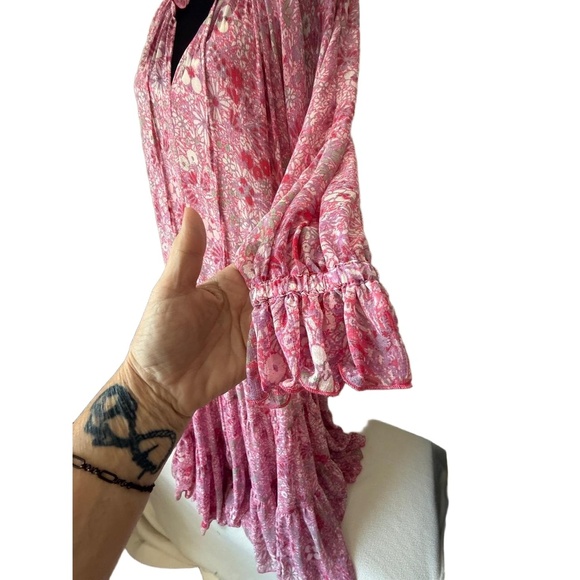 Free People Womens Small Pink Multi Floral Sheer Groovy Ruffle Maxi Feminine - Picture 5 of 13
